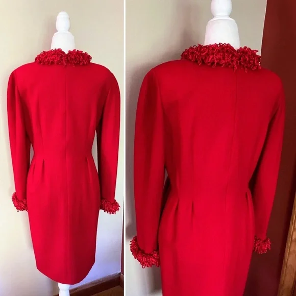 Vintage 1980s 1990s Geoffrey Beene Red Dress w Chenile fringe collar sleeve hems - Picture 2 of 10